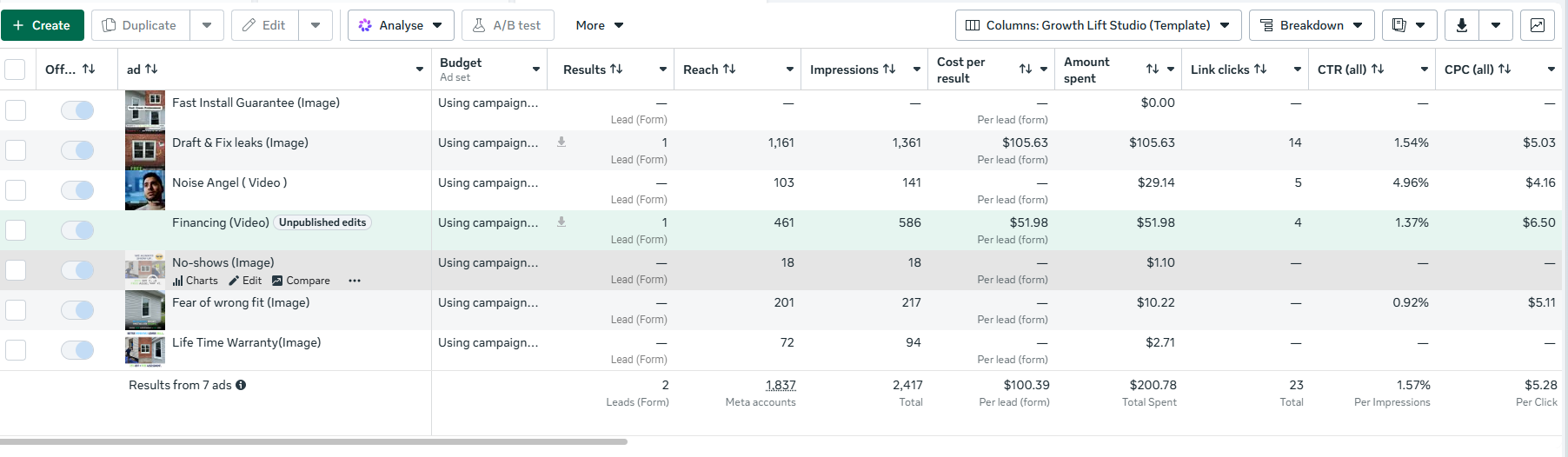 Ad-level breakdown showing performance of each creative — video vs image