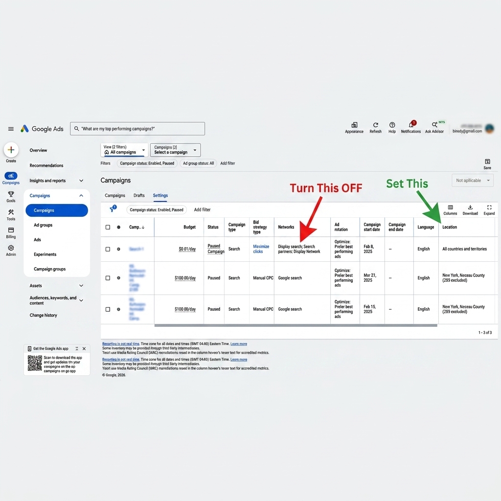 Google Ads Settings Screenshot — Turn off Display Network